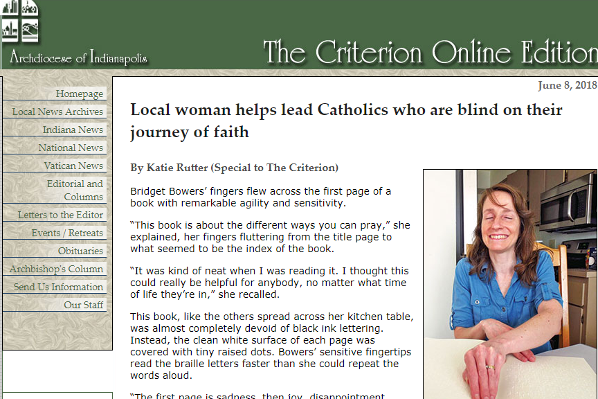 Screenshot of the online article showing Bridget smiling as she reads braille