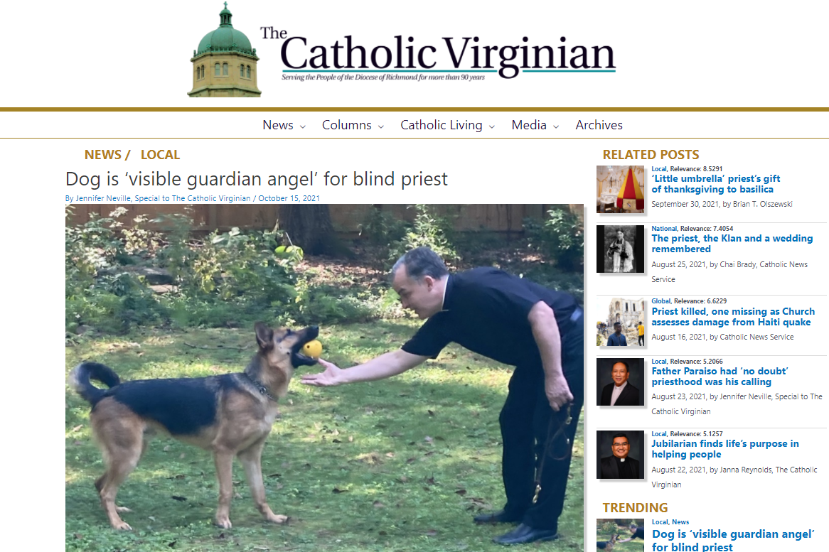 Screenshot of the article showing Father Joly with his guide dog