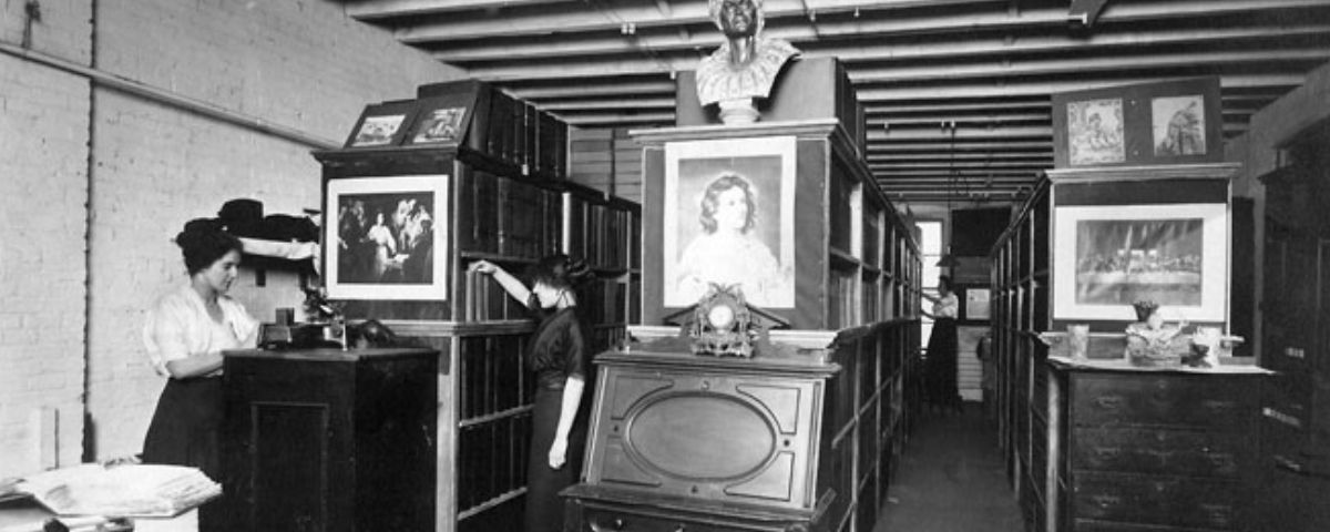 A group of lay women working in the library