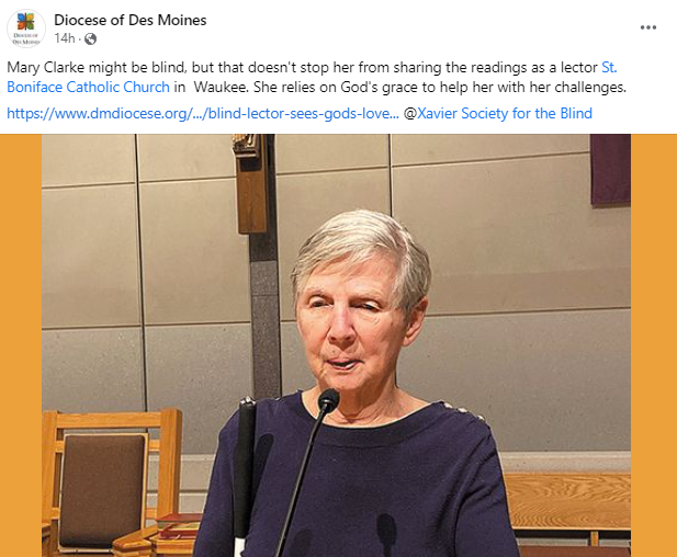 Screenshot of the article showing Mary reading braille at the lectern